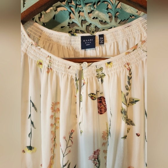 Kaari | Floral Ivory Long Sleeve Smocked Sheer Long Sleeve Blouse | Size 3X - Picture 9 of 11